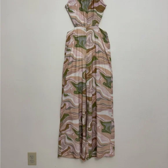 Lush Brown and Green Swirl Print Halter Open Back Jumpsuit in Strawberry Matcha - Picture 4 of 16